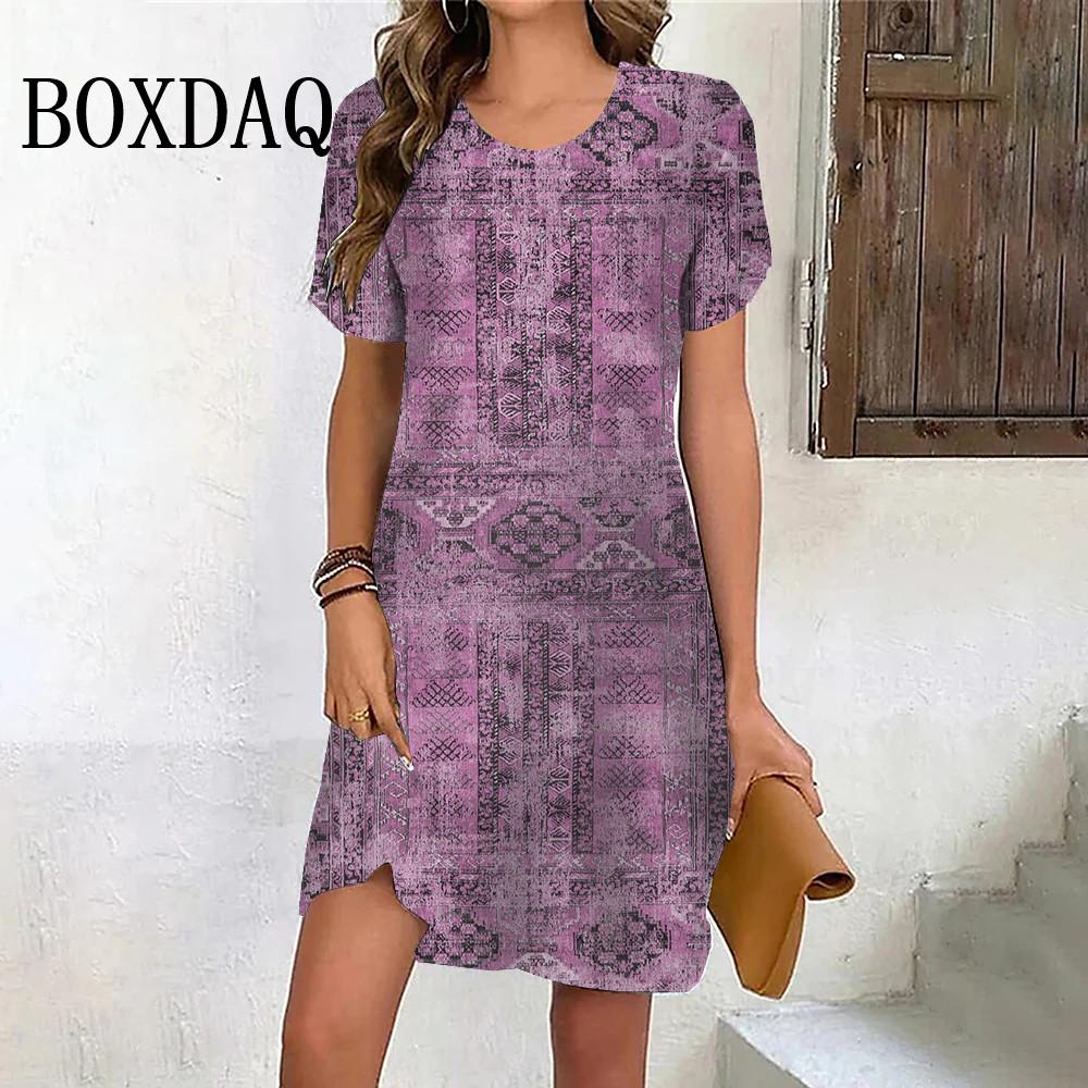Vintage Pattern Print Dress Summer Women Pullover Short Sleeve Loose Oversized Clothes Casual Retro Female Mini Dress Sundress