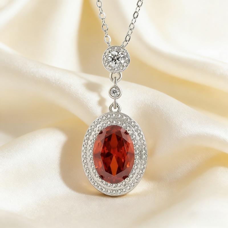 925 Sterling Silver Garnet Red Oval Zircon Pendant Necklace Birthday Party Anniversary Gift