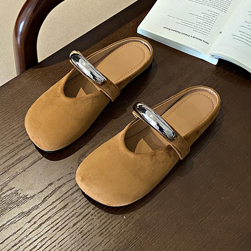 Half slippers single shoes women's 2025 spring and summer new metal buckle Mary Jane shoes niche evening gentle wind half drag