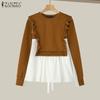 ZANZEA Women Vintage U-Neck Long Sleeve Fake Two Piece Pullover Sweaters