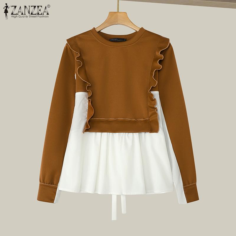 ZANZEA Women Vintage U-Neck Long Sleeve Fake Two Piece Pullover Sweaters