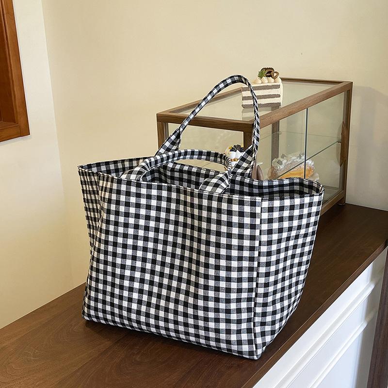 Yogodlns Large Capacity Plaid Women's Canvas Shoulder Bags Simple Commuter Female Shopping Bag College Girls Book Tote Travel Handbags