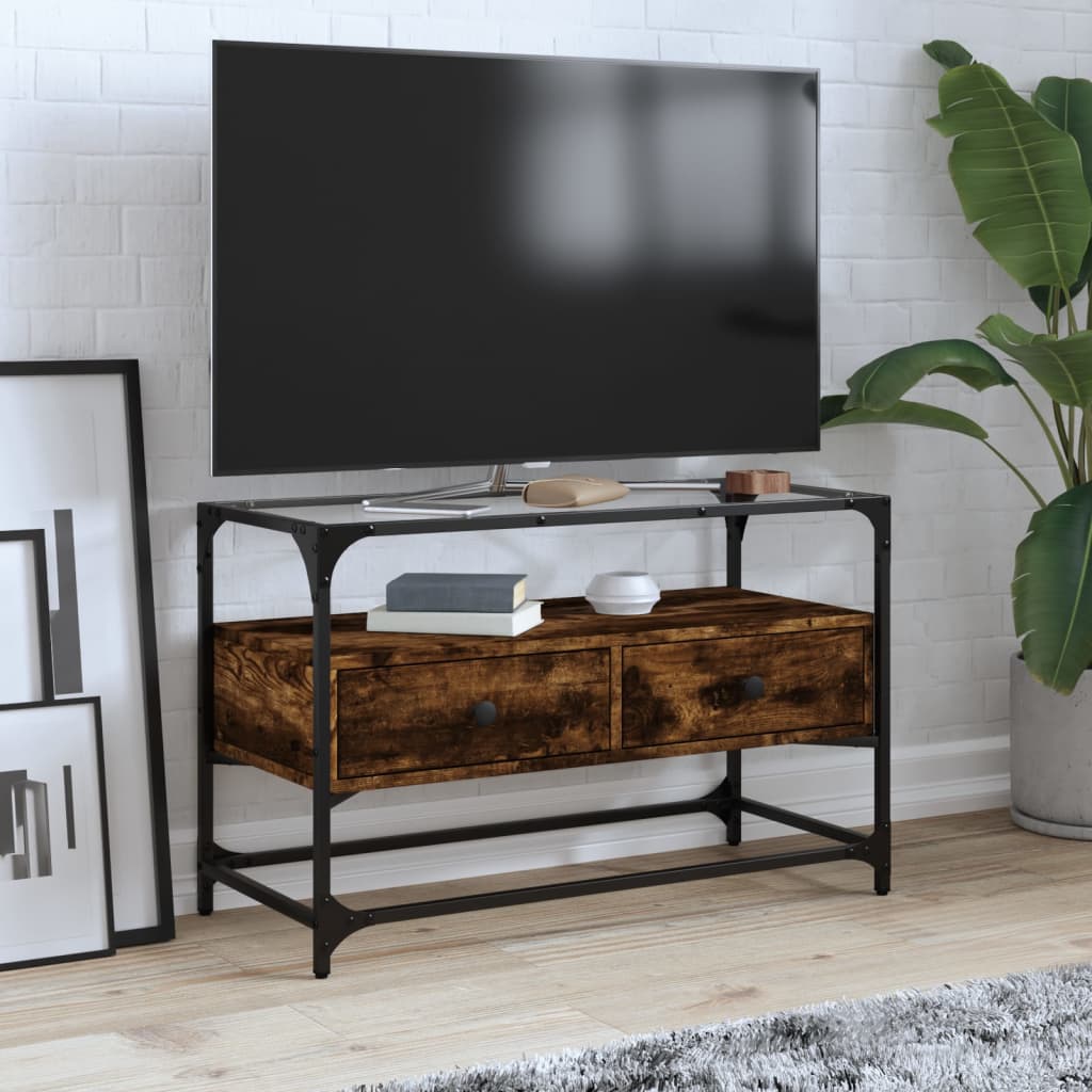 TV Stand with Glass Top Smoked Oak Finish 80 X 35 X 51 Cm Engineered Wood