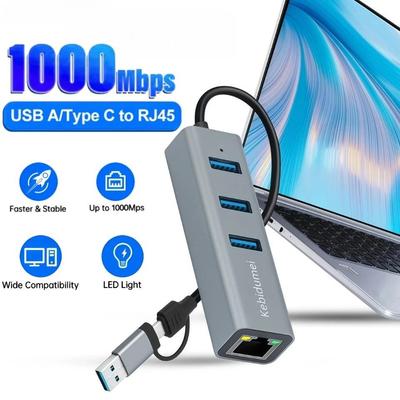 USB C HUB 1000Mbps 3 porti USB 3.0 Type C HUB USB kuni Rj45 Gigabit Etherneti adapter Dokkimisjaam MacBook sülearvutile
