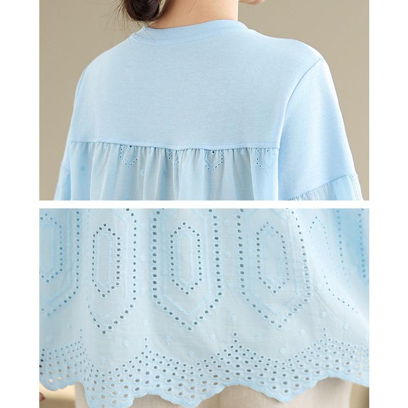 Dimanaf 2025 New Summer Women Plus Size T-Shirt Short Sleeve Loose Basic Casual Tops Solid Hollow T-Shirt O-Neck