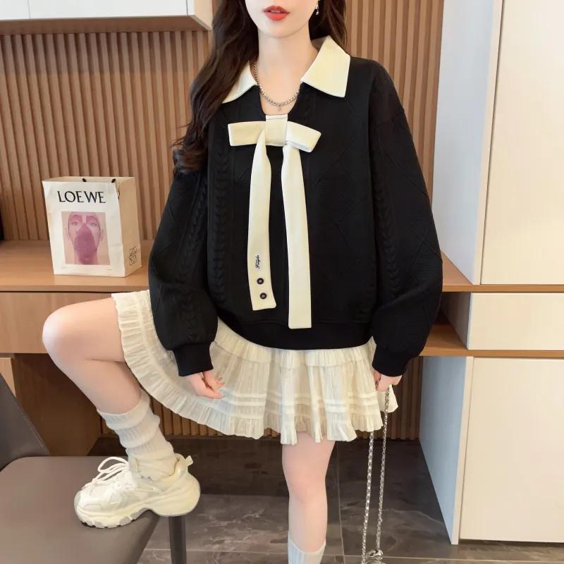 Women's Contrast Polo Collar Bow-Knot Knit Sweatshirt Hoodies