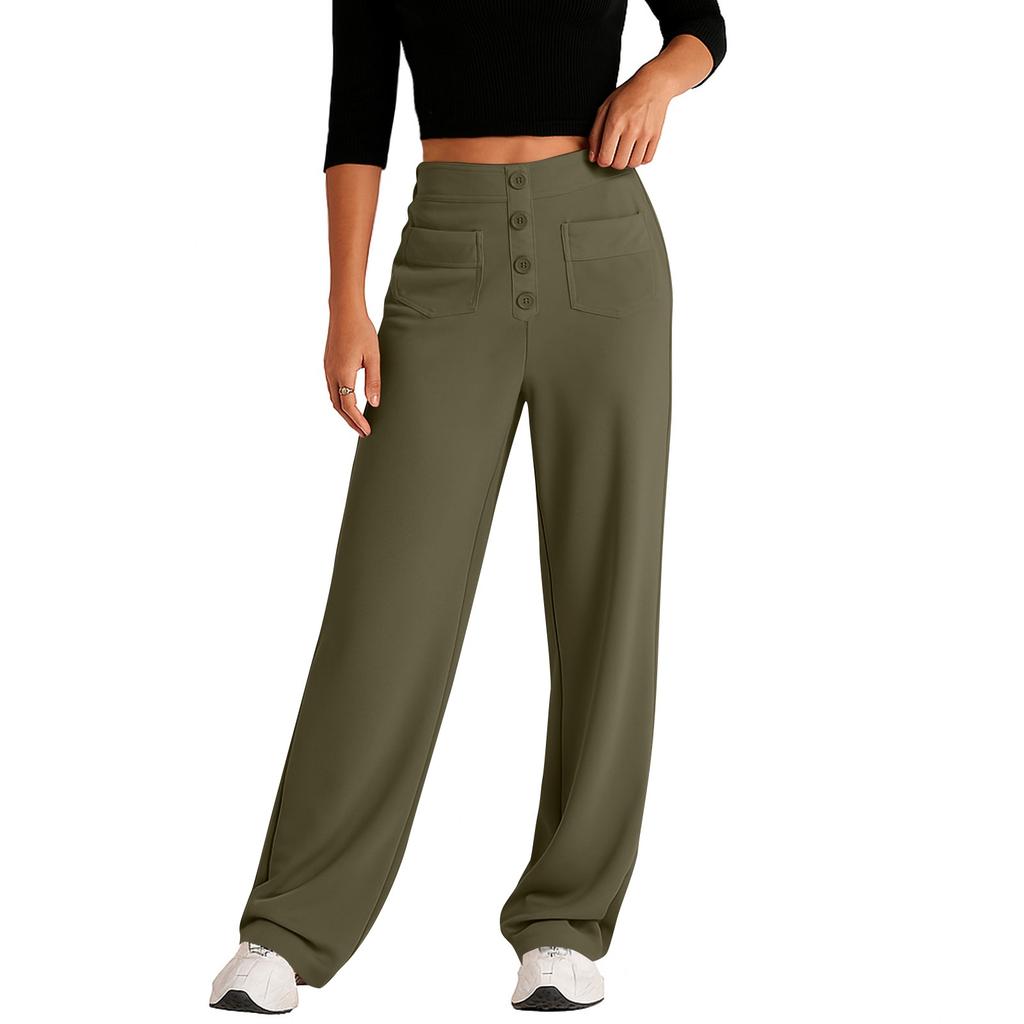 Women's Fashionable Solid Color Straight Leg Pants With High Waist Button Pockets And Elastic Waist Casual Pants