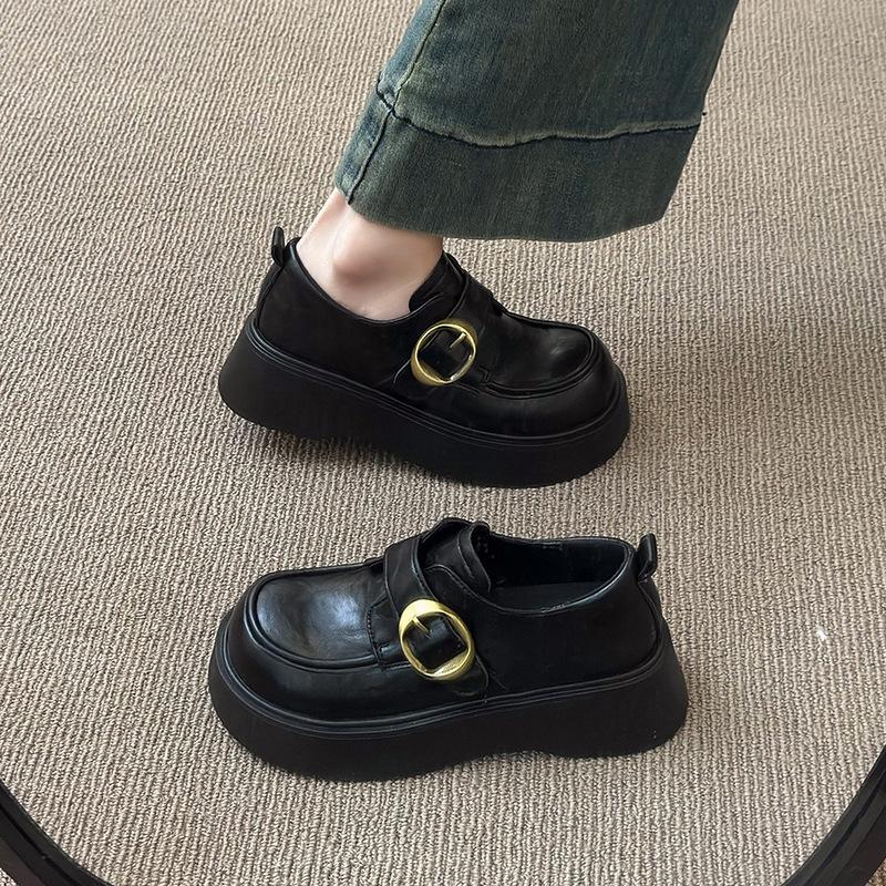 Black Round Head High-end Small Leather Shoes Women's Spring 2025 New Muffin Shoes Platform Sweet Cool Single Shoes Loafers