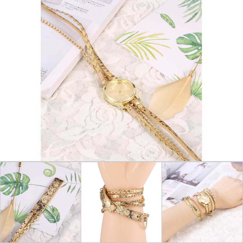 Women Braid Weave Bracelet Quartz Analog Round Watch Wristwatch(Gold)