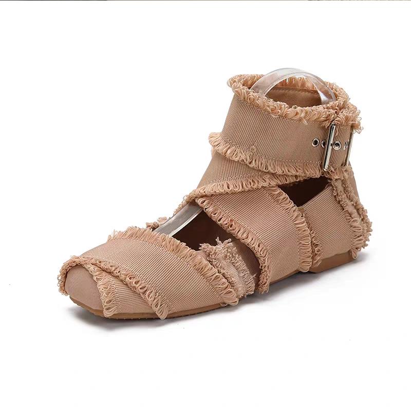 

Fashion Luxury Fringes Cross tape Ballet Flats Woman Elegant Square Toe Ankle Buckle Strap Ballerinas Ladies Brand Design Leg Tie Shoes 35
