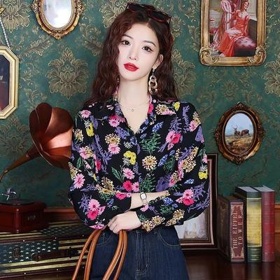 Cămașă Retro cu Mâneci Lungi Stil Hong Kong pentru Femei, Nouă, Imprimată, Versatilă și Șic, Top Bluză