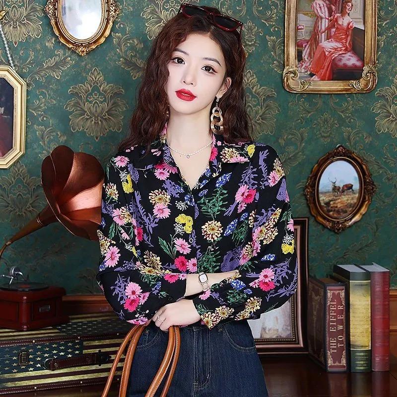 

Hong Kong Style Retro Long-sleeved Shirt Women s New Printed Versatile and Chic Top Blouse S фіолетовий
