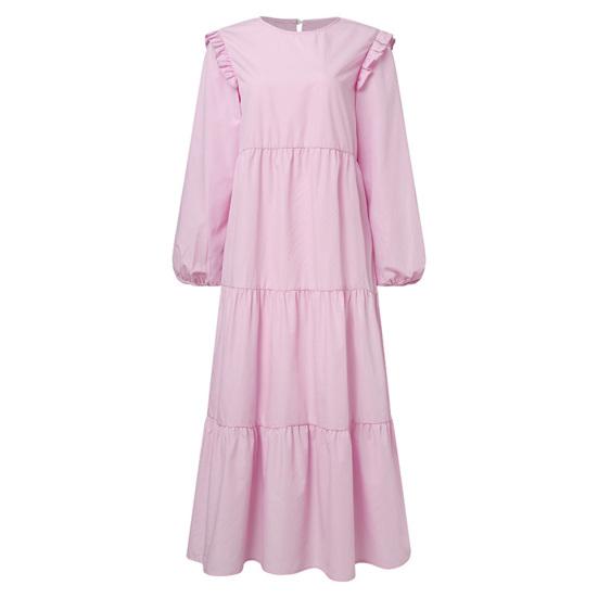 Loose Maxi Dress Large Hem Mid Waist Round Neck Long Sleeve Ruffle