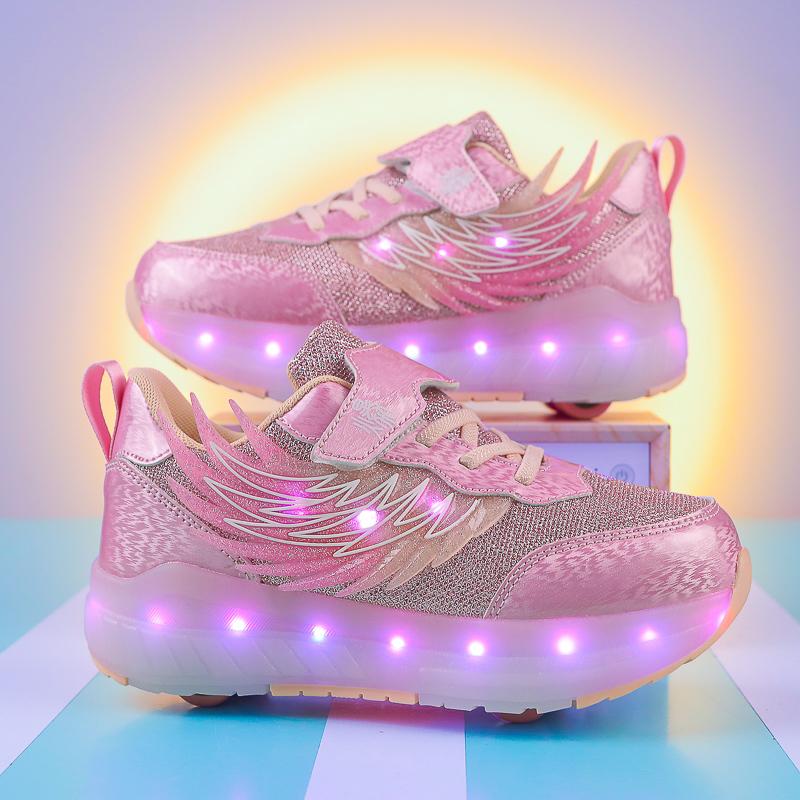 TUINANLE LED Luminous Children's Rechargeable Running Shoes with Wheel Skates Multi Light Breatheable Boy Girl