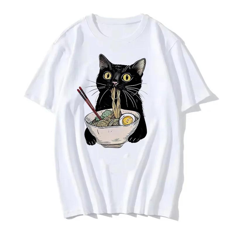 90s Women T Shirt Korean Version Cartoon Cat Group Printed T-Shirt Casual Short Sleeve Couples T-Shirt Funny Cat Streetwear