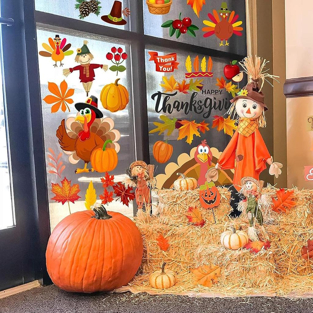 158Pcs Thanksgiving Window Clings for Glass Window, Double Sided Fall Turkey Window Stickers Deals Decor for Home Office Decorations, Thanksgiving