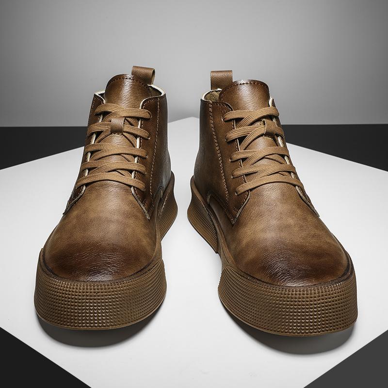 Autumn Men Ankle Boots Motorcycle Boots Tooling Boots High-Cut Solid Genuine Leather Sneakers Platform Skateboard Sport Shoes