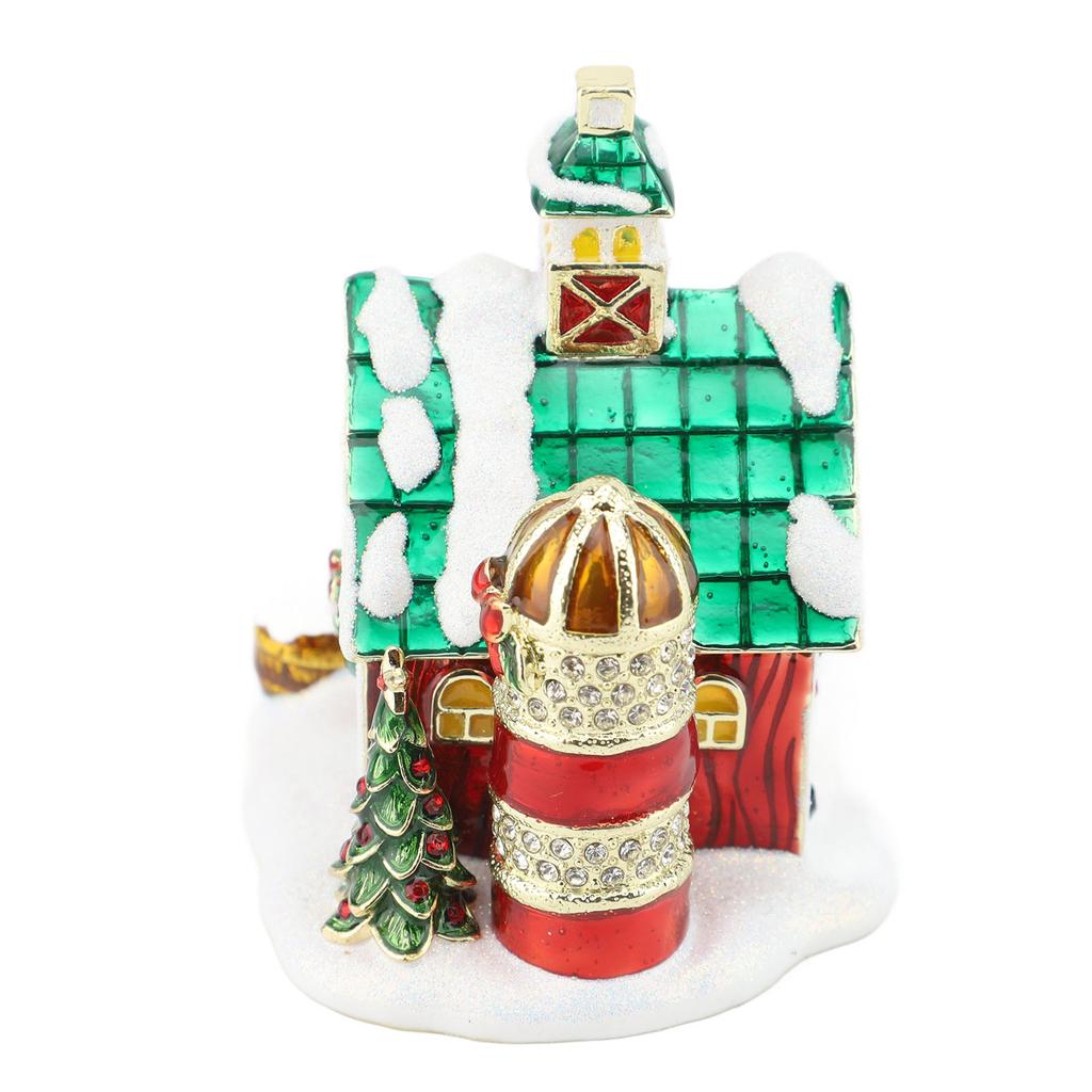Xmas House Figurine Trinket Box Hinged Collectible Rhinestones Jeweled Painted Enameled Jewelry Ring Holder Box