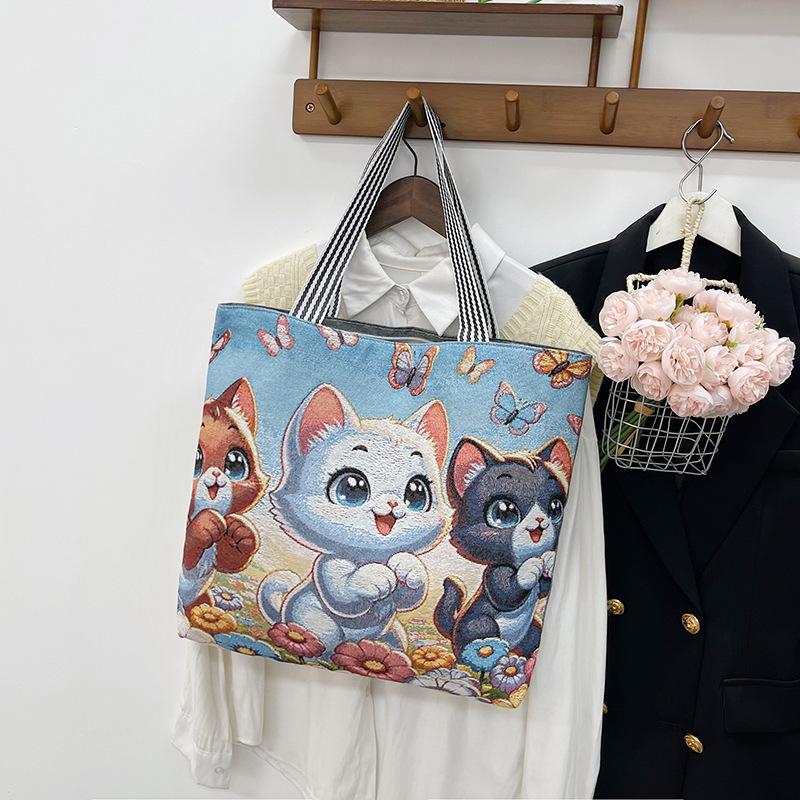 New Jacquard Canvas Bag 3D Three-dimensional Embroidered Flower Butterfly Large-capacity Shoulder Bag Women's Bag Portable Shopping