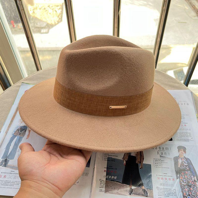 Export quality European, American French British autumn and winter flat edge woolen top hat men's and women's fashion wide-brimmed camel black versati