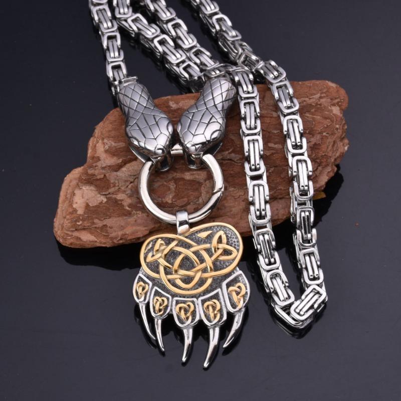 Nordic Stainless Steel Viking Snake Head Bear Claw Pendant Necklace Men's Jewelry Gift