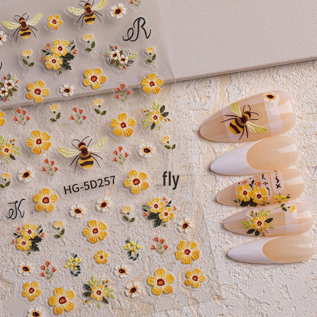 5D Embossed Sunflower Bee Nail Stickers - Three-Dimensional Embroidery Style