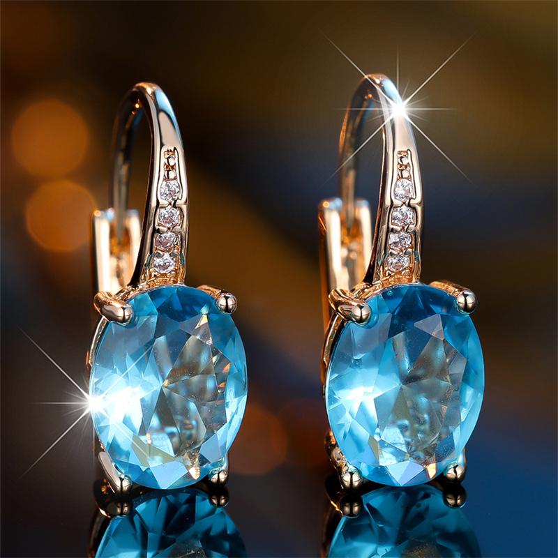 Fashion Golden Color Oval Cut Aqua Blue Stone Drop Earrings Valentine's Day Jewelry