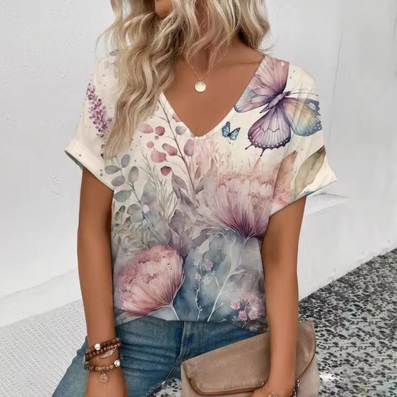 Dam V-ringad T-shirt Retro Elegant Blommönster Mode Tryck T-shirt Sommar Fritid Dam Populär Kortärmad T-shirt