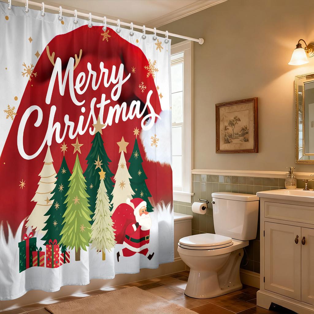 1pc Merry Christmas, Christmas Tree Printed Waterproof Shower Curtain, Privacy Hanging Curtain with 12 Hooks, Multiple Sizes