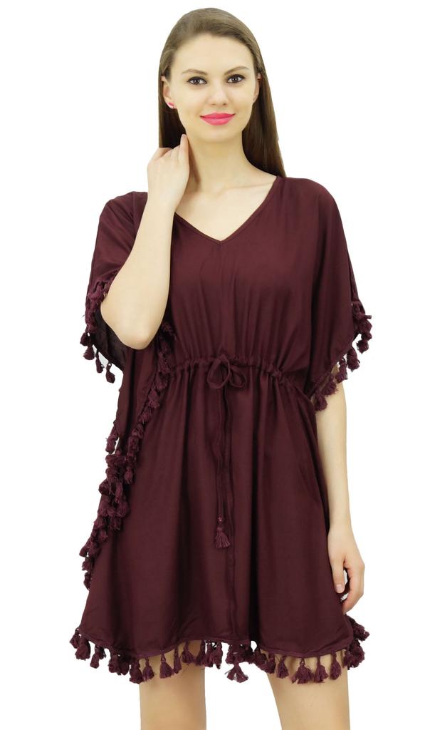 Bimba Women's V Neck Tassel Kaftan Short Rayon Caftan Designer Beachwear Coverup