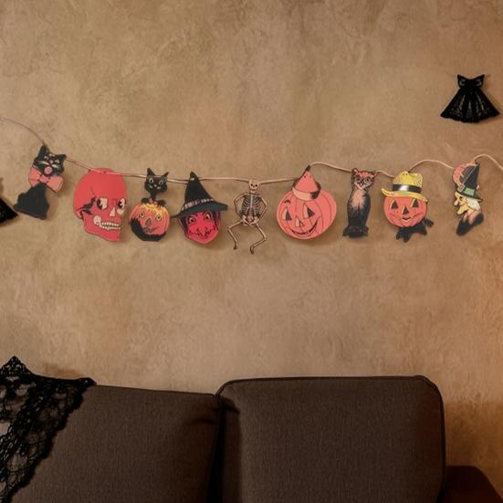 Vintage Halloween Wood Banner Spooky Pumpkin Skull Owl Witch Black Cat Hanging Bunting Garland for Farmhouse Horror Party Wall Decor