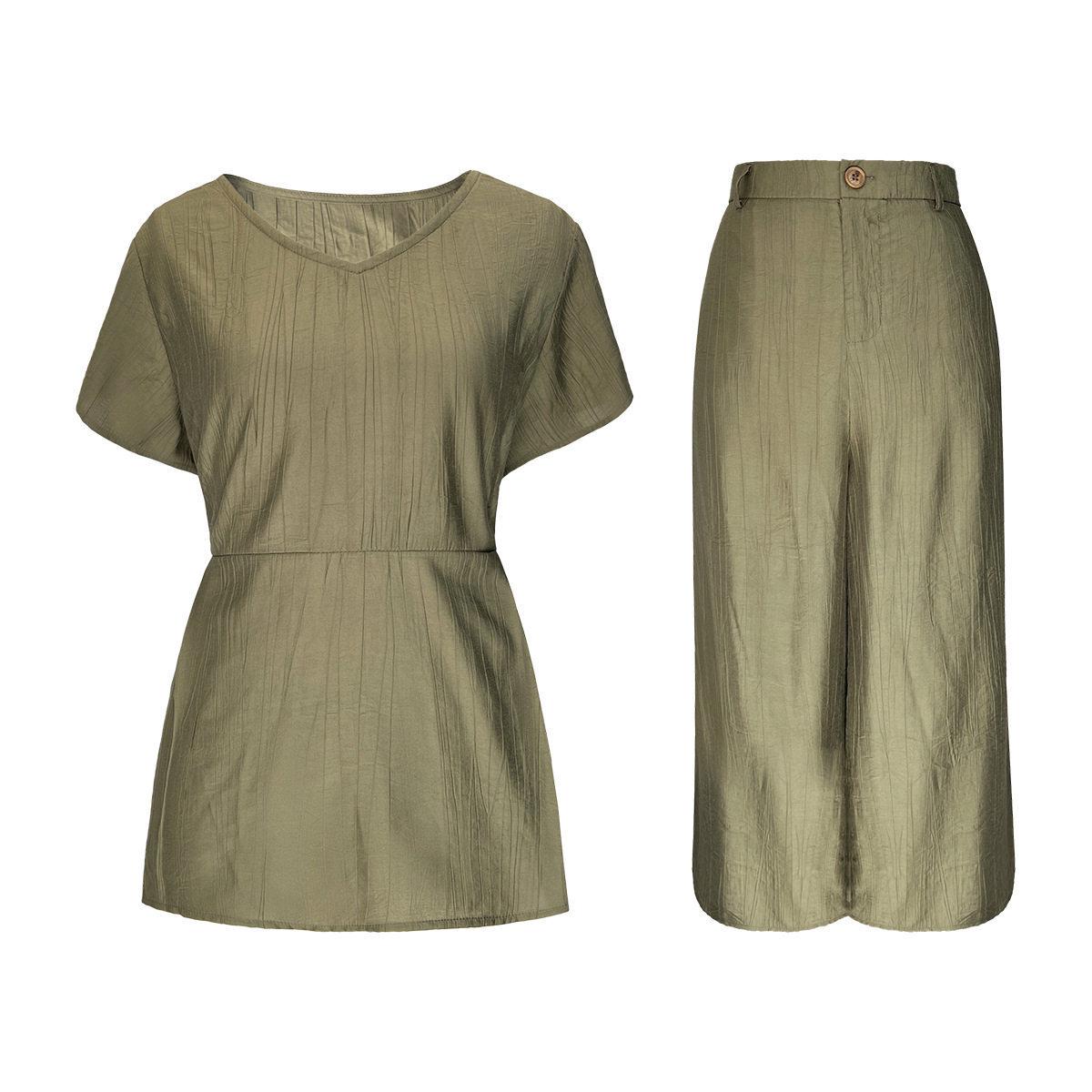 

Olive Green Plus Size Women s Two-Piece Set: Short Sleeve Top & Drapey Wide Leg Pants for Spring/Summer 2026 XL (100-110 jin) оливковий колір