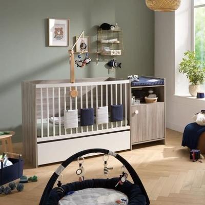Kombinationsbabybett - 120x60cm - Umbaubar auf 90x190cm - Babyprice Up - Eiche - Mit Wickelkommode 1 Tür