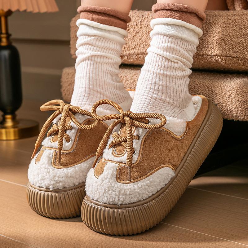 Fashion shoelaces Baotou cotton slippers women's autumn and winter new outer wear fleece warm indoor home plush cotton shoes