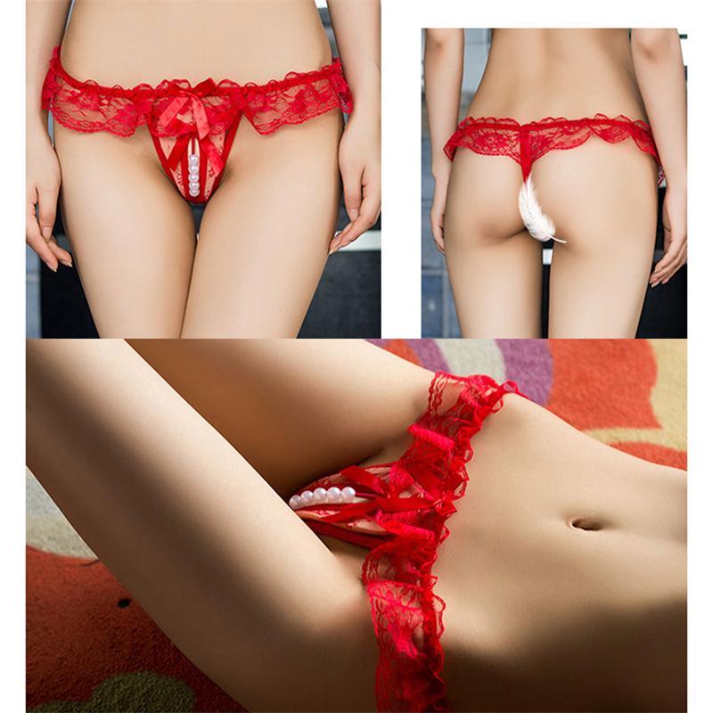 Women Sexy Panties Bowknot Beads Lace Low Waist Pearls Underpants Thongs Briefs