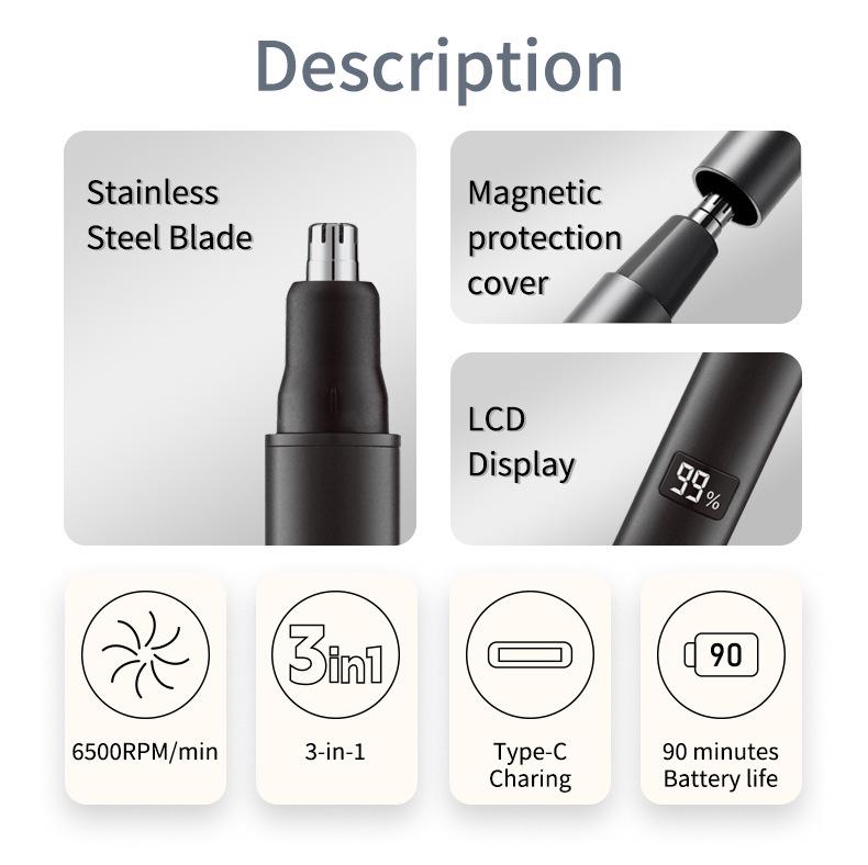 Rechargeable Multi-Functional Type-C Men's Grooming Kit: 3-in-1 Electric Nose Hair Trimmer