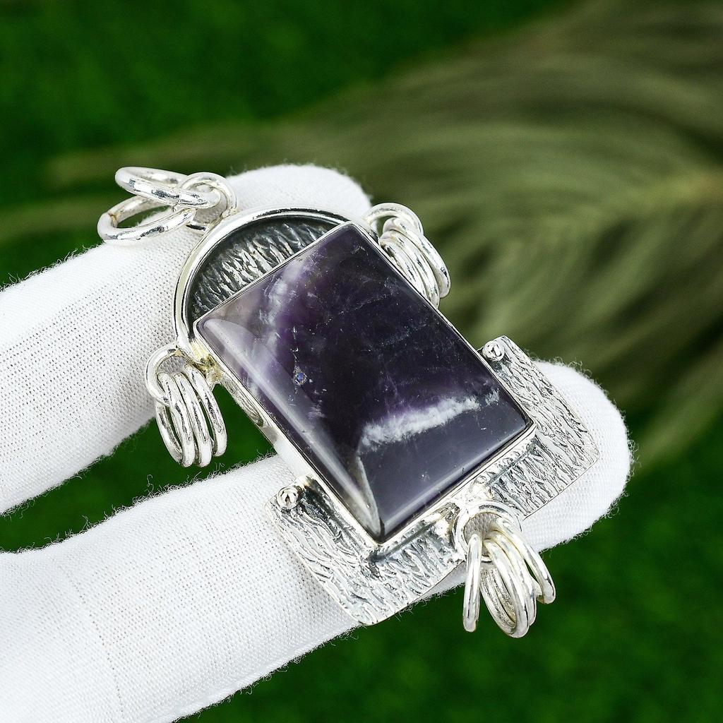 925 Sterling Silver Chevron Amethyst Gemstone Bezel Handmade Wedding New Pendant