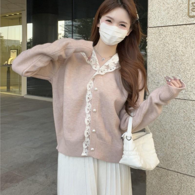Johnature Korean Style Lace-trimmed Hooded Pearl Button Women Cardigan Sweater Winter Casual Knitted Sweaters