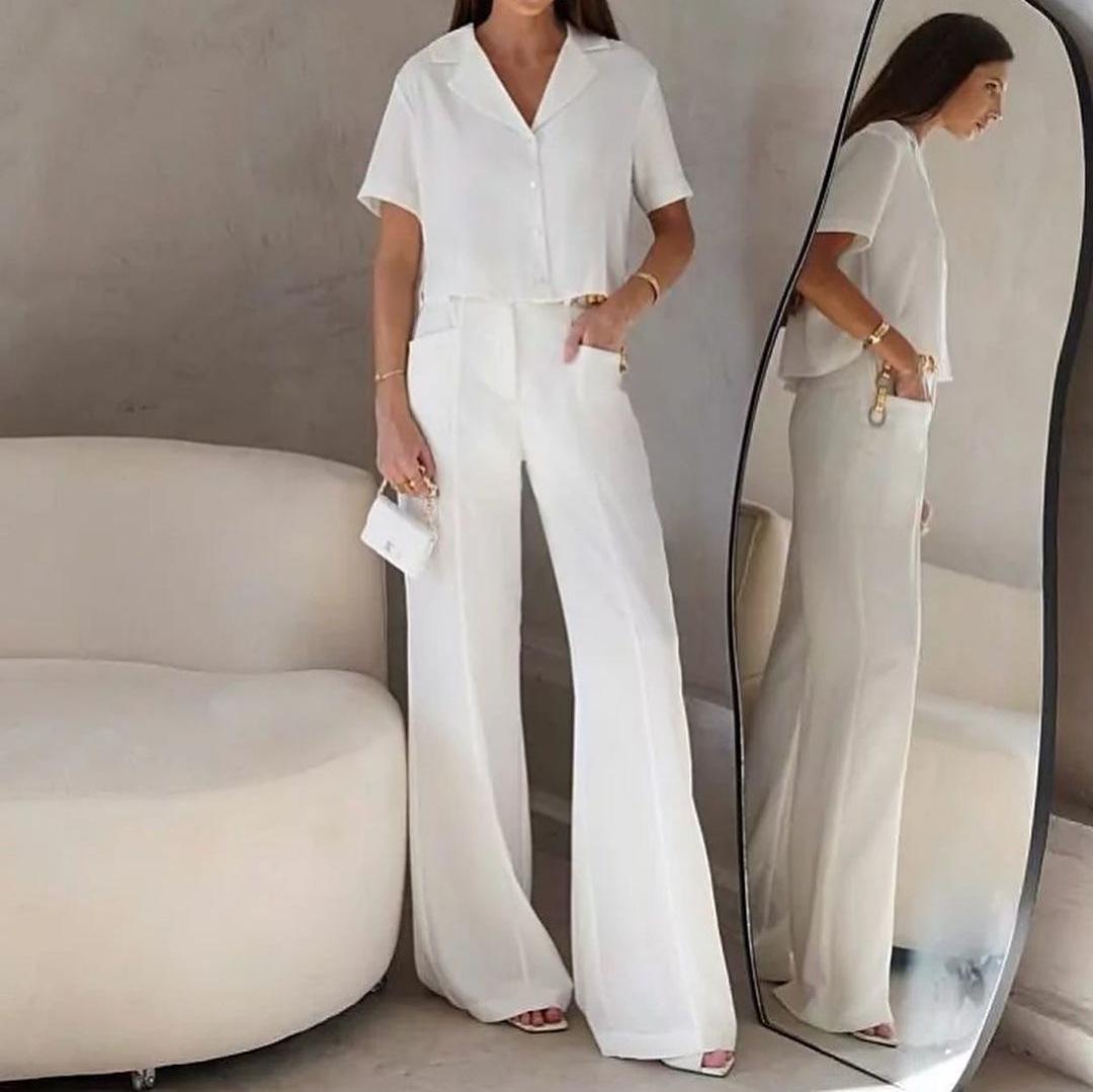 

Летний комплект из облегающей однотонной рубашки и брюк-костюма с высокой талией M белый