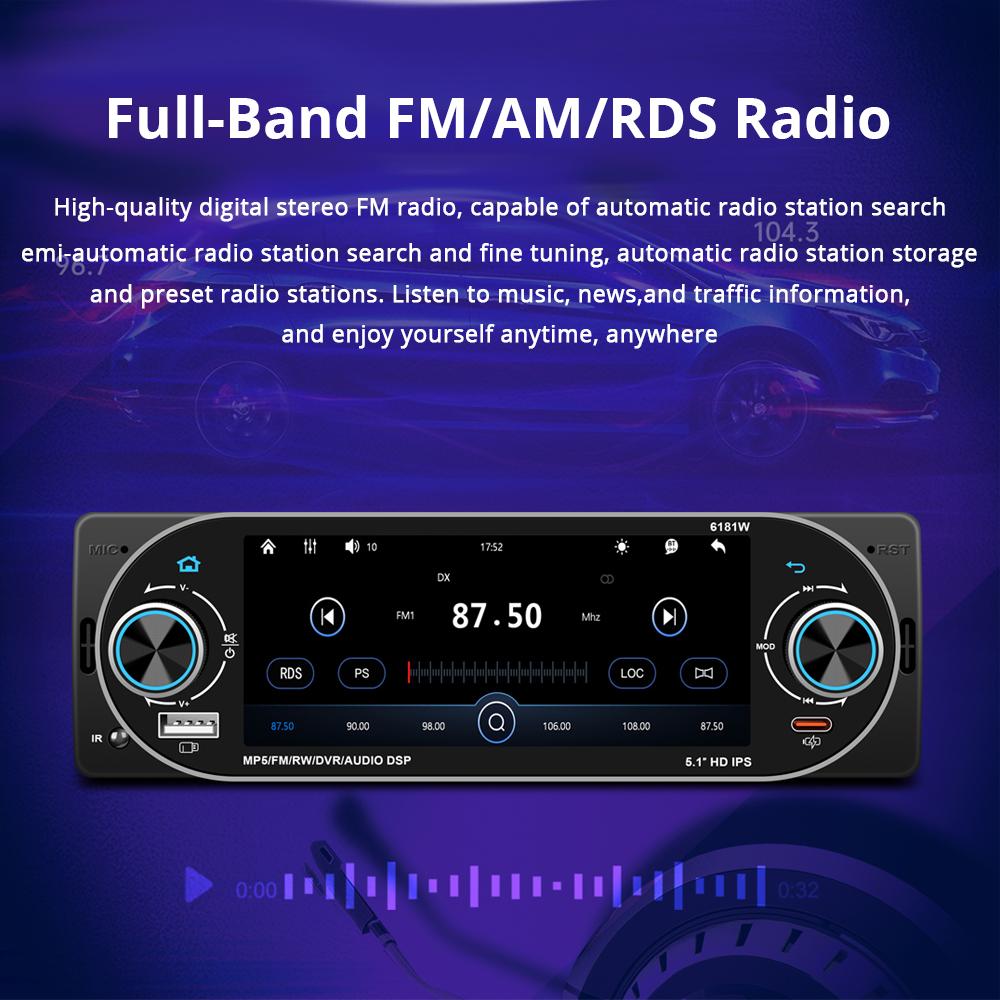 General 1 Din Car Radio MP5 IPS HD Player Support Wireless Carplay Android Auto Bluetooth FM AM RDS Stereo USB WIFI Video Player 5.1In Digital Display