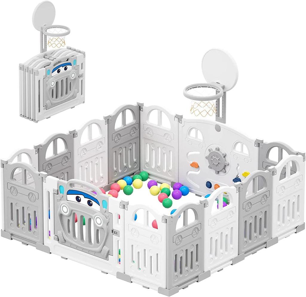 UBRAVOO Foldable Playpen with Mini Basketball Hoop and 50 Colorful Ball Pit, Baby and Toddler Car Playpen, Fun Indoor Activity Center
