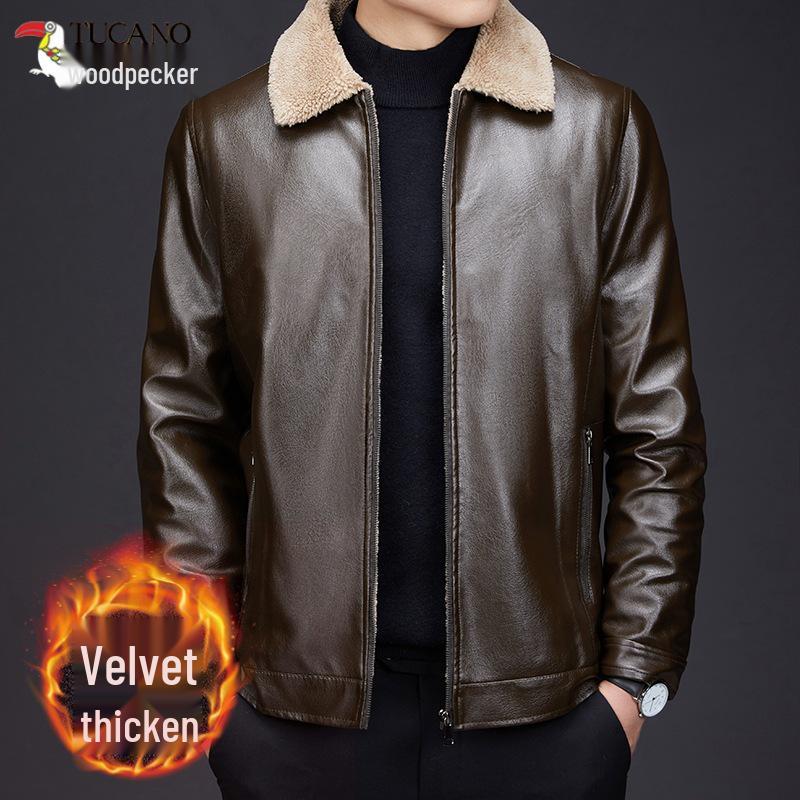 

Woodpecker Men s Leather Lapel Jacket: Casual, Thickened, Warm Outerwear for Spring/Autumn 185/56 (135-155 lbs)