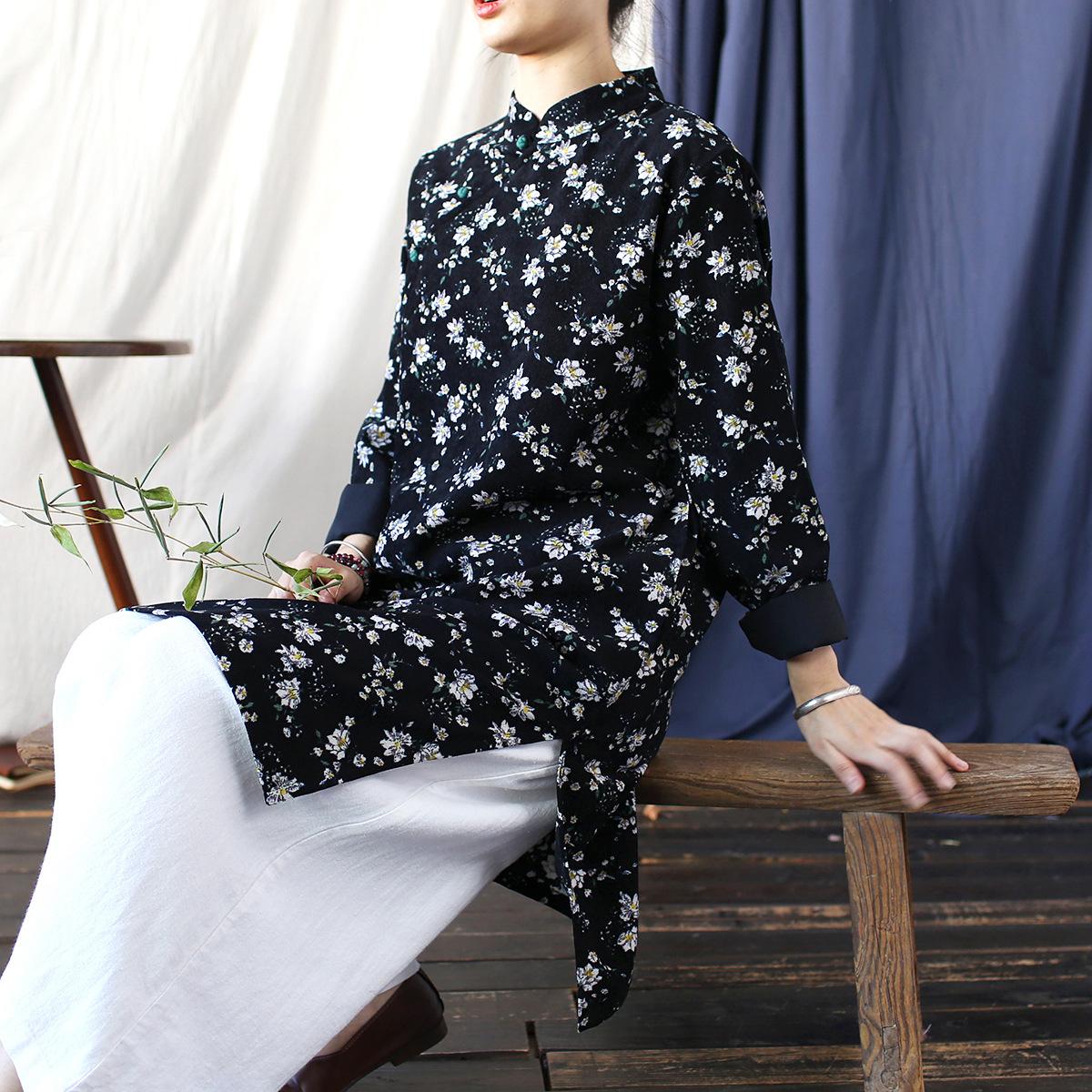 

Johnature женское винтажное вельветовое платье с цветочным принтом и длинными рукавами-стойкой в ​​китайском стиле, осеннее платье трапециевидной формы Cheongsam One Size чёрный