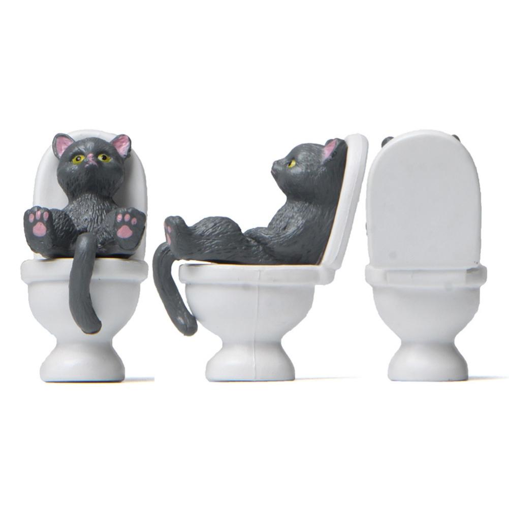 5 Stück Katze sitzt auf Toilette Statuen Mini Toilettenkatzenfiguren Desktop-Ornamente Heimdekor Cartoon