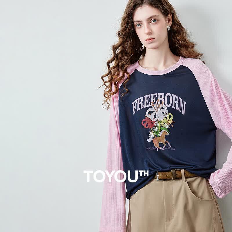 Women s Lyocell Color-Block Letter Print Loose T-shirt M