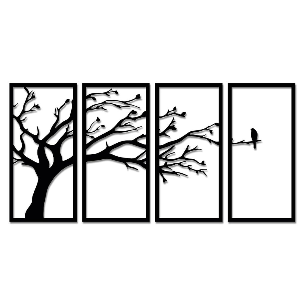 Pre-Laminated Pine Wood Bird On a Tree In Wall Art | Laser Cut Precision | For Home Décor | For Gifting (Set of 4)