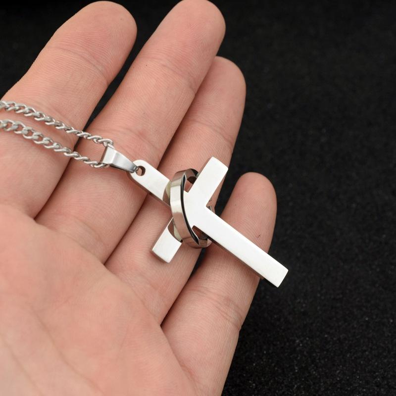 Hip Hop Punk Cross Circle Pendant Long Necklace Unisex Stainless Steel Sweater Chain