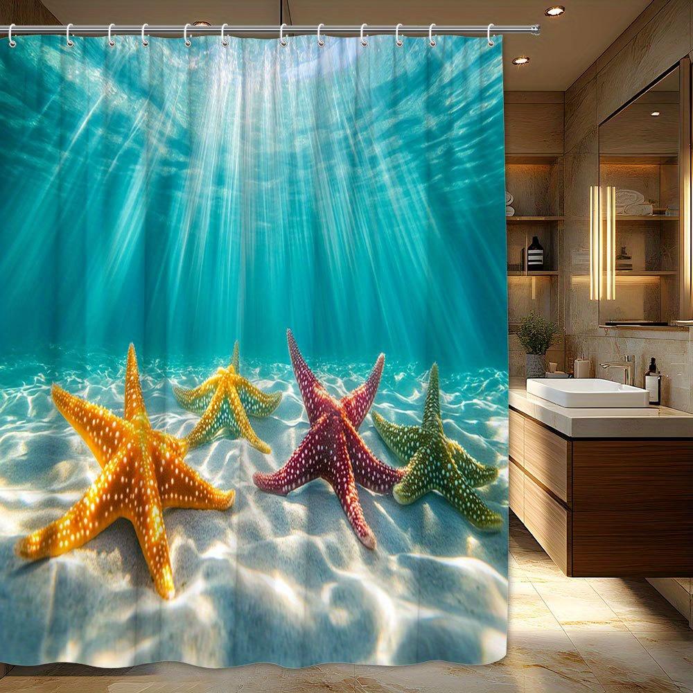 1pc Vibrant Starfish Shower Curtain - Multi-Colored Starfish, Shimmering Water, Tranquil Underwater Scene, Polyester