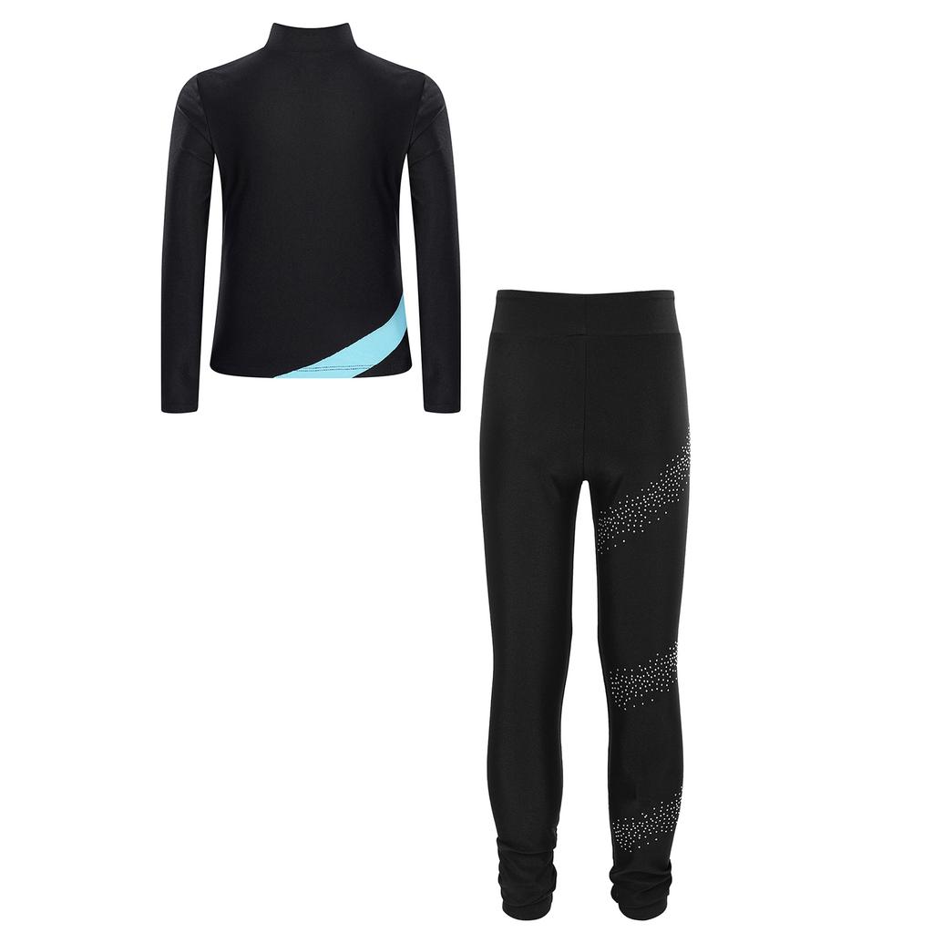 Mädchen Eiskunstlauf Outfit Kontrastfarbe Langarm Stehkragen Reißverschluss Sweatshirt Strasssteine Verziert Leggings Set