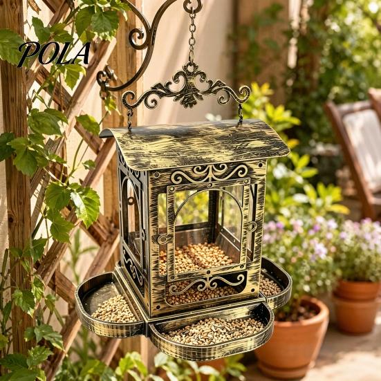 Outdoor Bird Feeder Retro Metal Feeder, Hanging with Transparent Acrylic Large Opening Panels, Decorative Garden for Backyard Wild Birds European